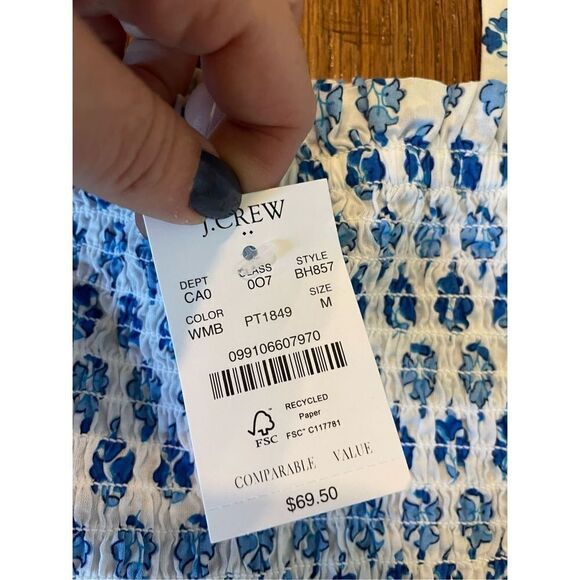 J. Crew NWT blue printed smocked waist tie strap tank - Picture 6 of 8